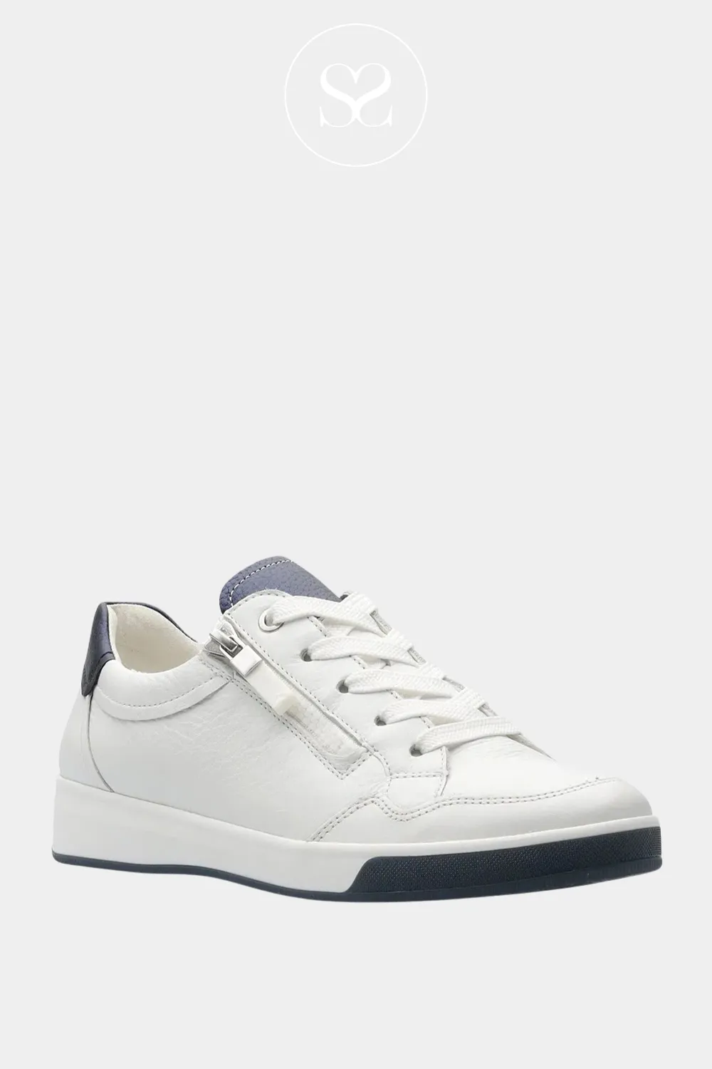 ARA 12-50006 WHITE AND NAVY LEATHER TRAINERS