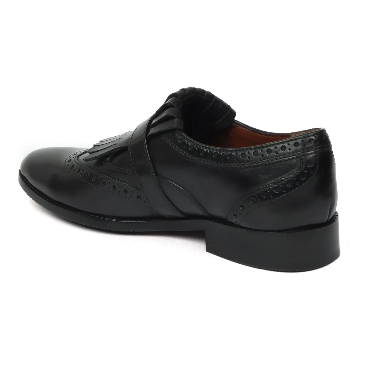 Black Leather Fringed Single Monk Strap Shoes For Men by Brune & Bareskin