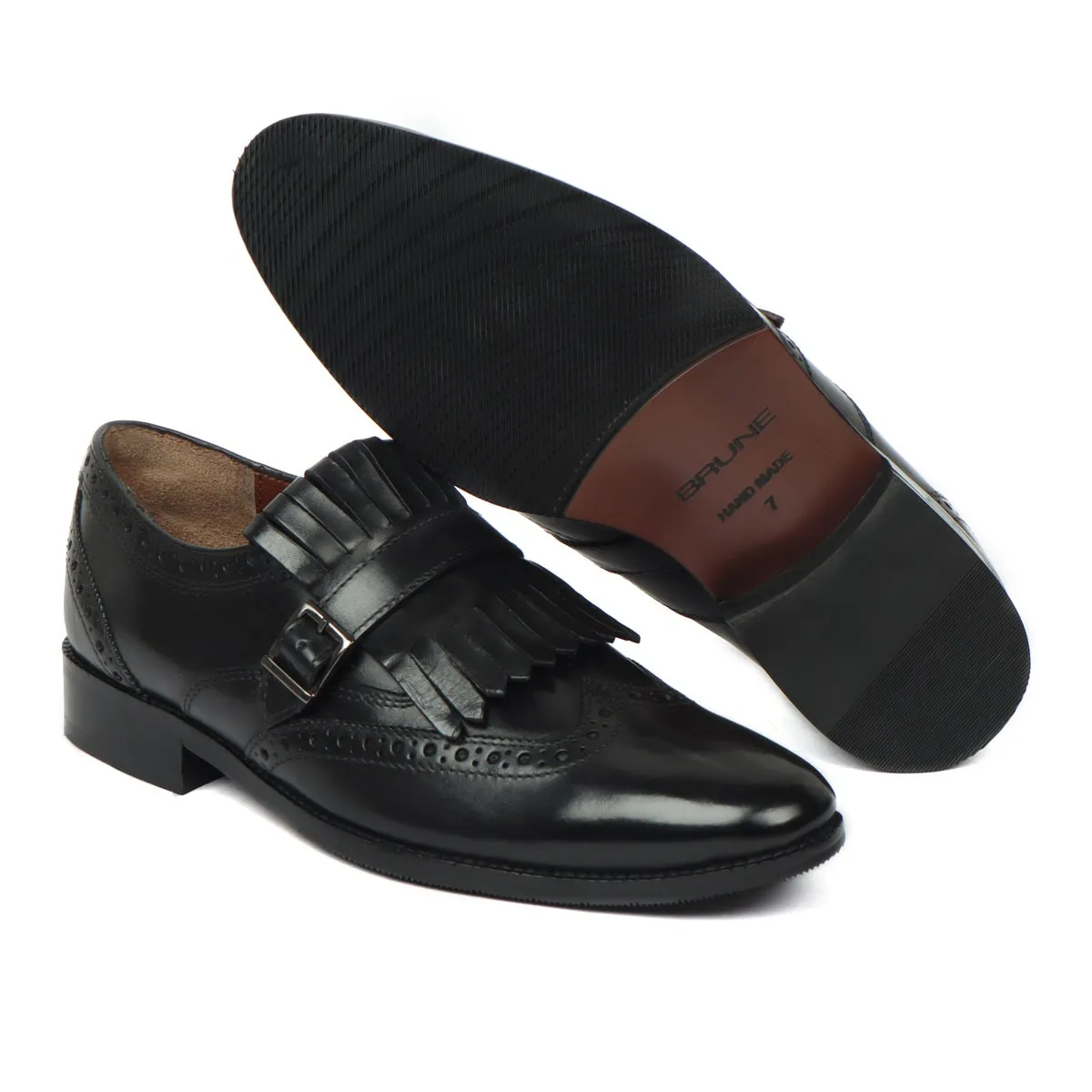 Black Leather Fringed Single Monk Strap Shoes For Men by Brune & Bareskin