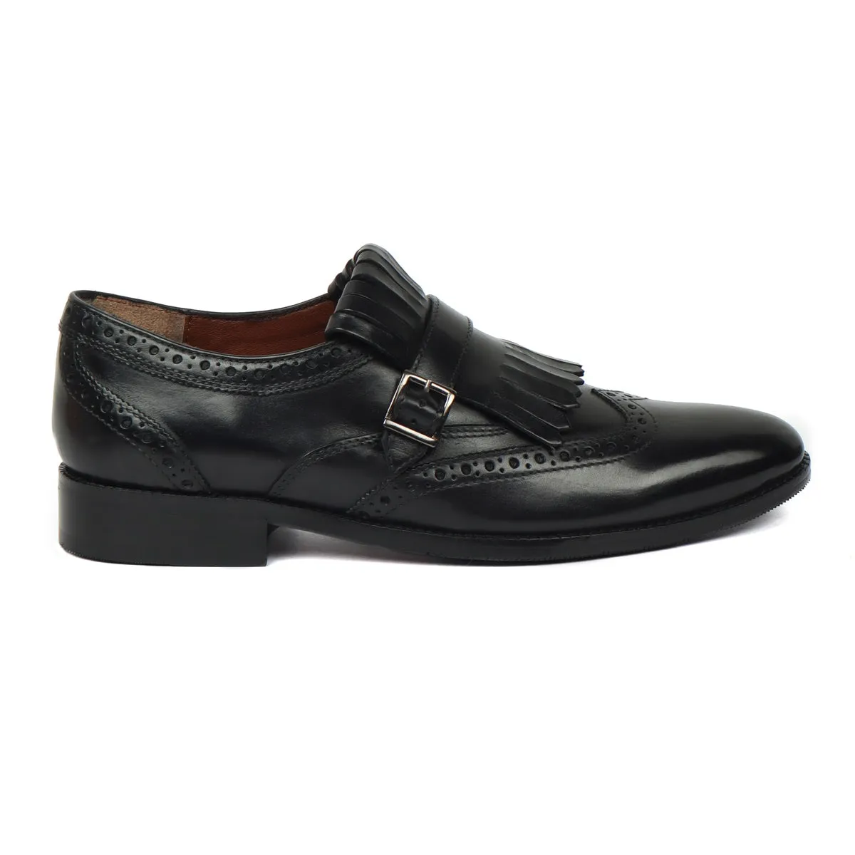 Black Leather Fringed Single Monk Strap Shoes For Men by Brune & Bareskin
