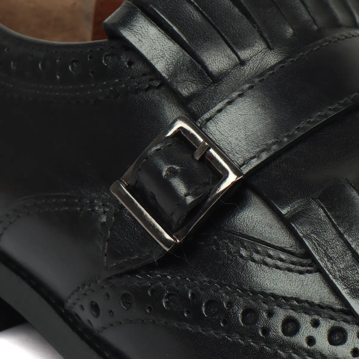 Black Leather Fringed Single Monk Strap Shoes For Men by Brune & Bareskin