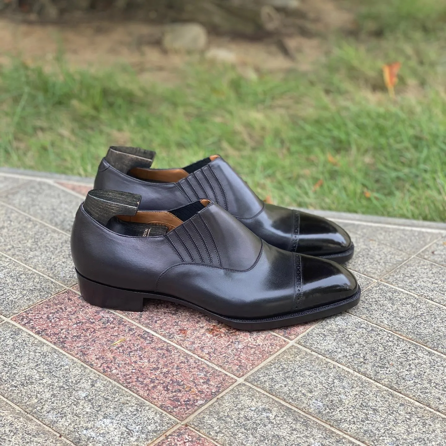 Black Leather Midara Slip On Elasticated Loafers With Brogue Toe Cap - AW24