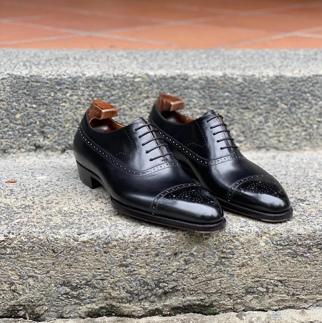 Black Leather Olara Brogue Toe Cap Oxfords - Formal Shoes - AW24