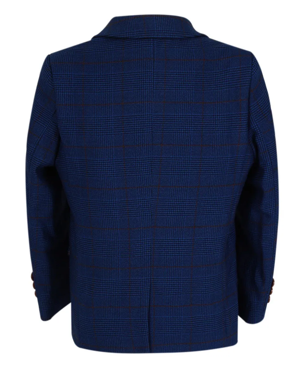 Boys Tweed Check Tailored Fit Navy Suit - ALEX - Royal Blue