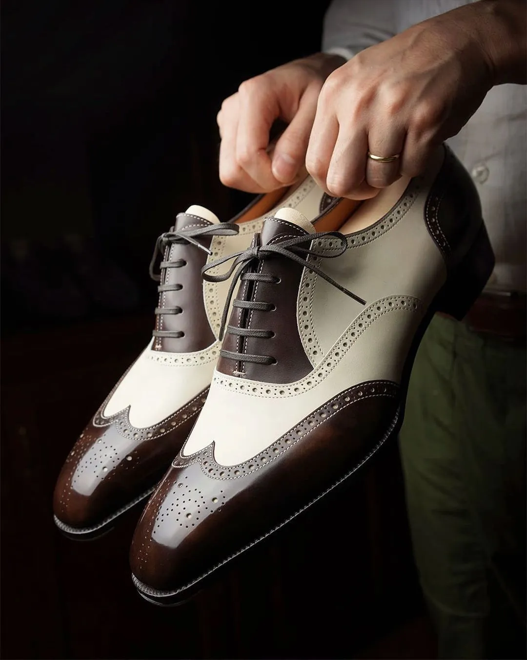 Brown and White Leather Evadne Brogue Wingtip Spectator Oxfords - Formal Shoes - Summer 2024 Collection