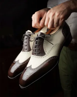 Brown and White Leather Evadne Brogue Wingtip Spectator Oxfords - Formal Shoes - Summer 2024 Collection
