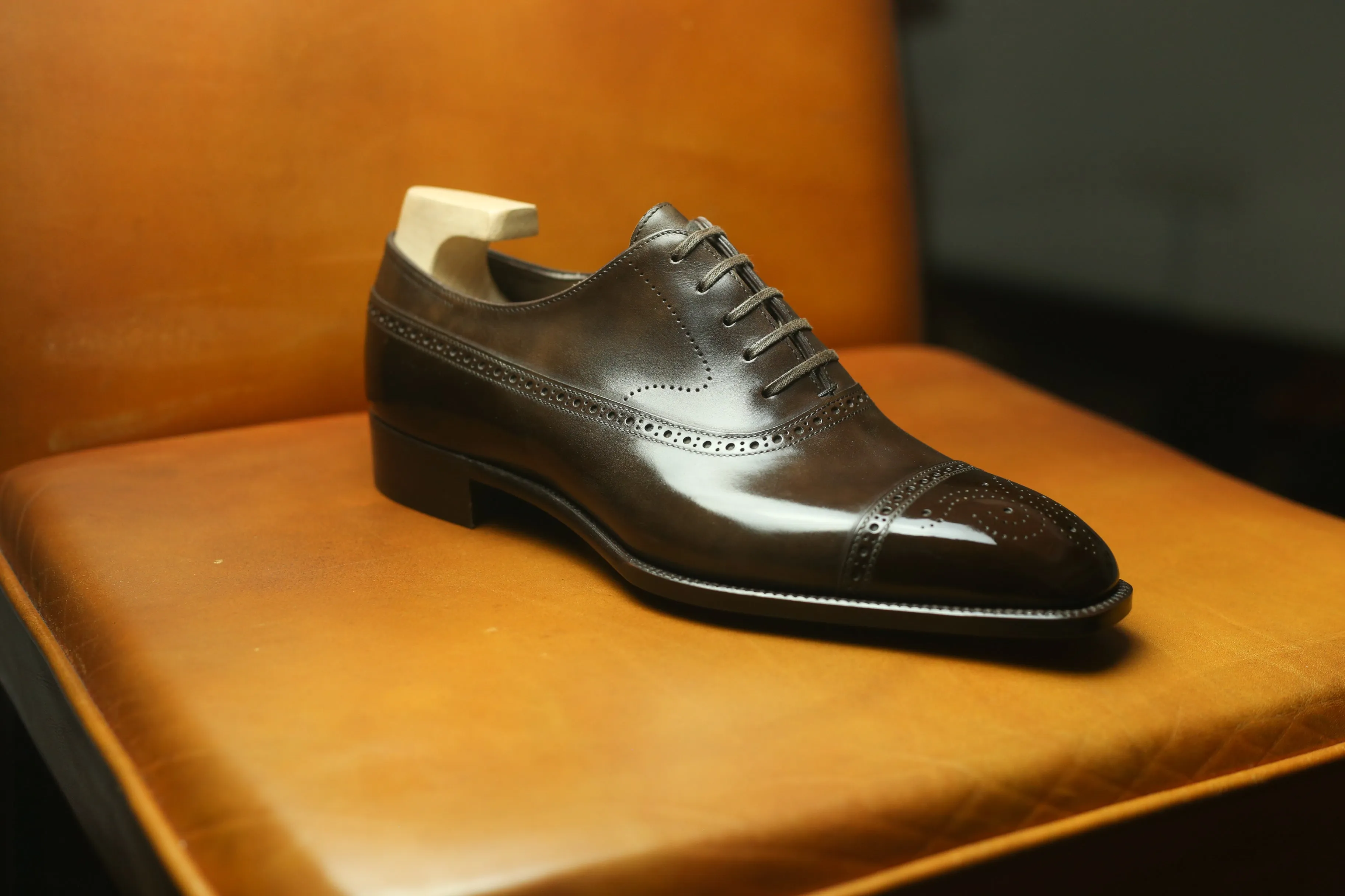 Brown Italian Leather Cedara Brogue Toe Cap Oxfords - Formal Shoes - Goodyear Welted Fiddle Back Violin Sole