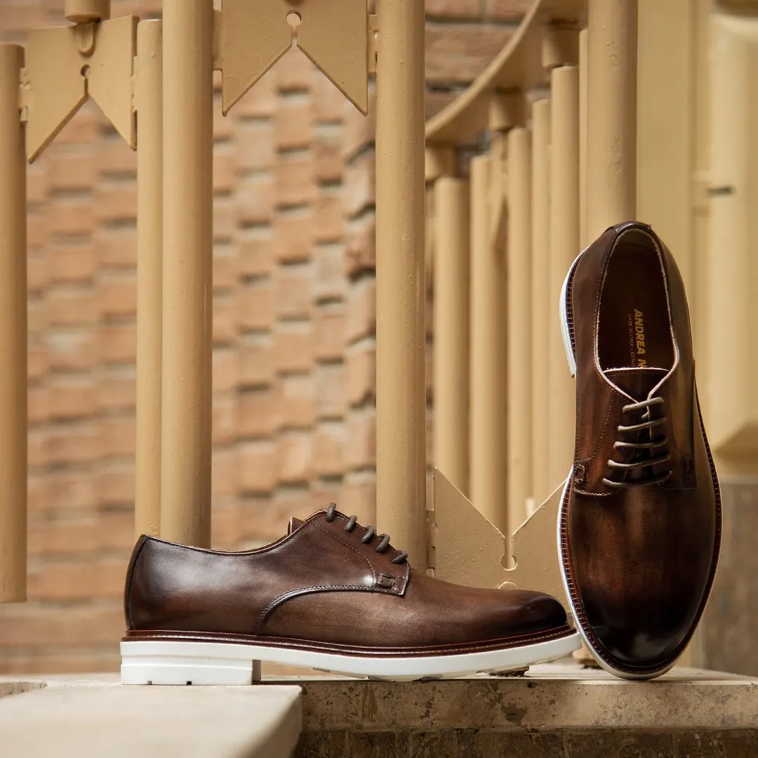 Brown Leather Caracas Brogue Derby Shoes with White Leather Sole - Summer 2024 Collection