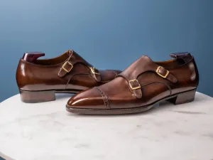 Brown Leather Novalia Brogue Toe Cap Double Monk Straps - AW24