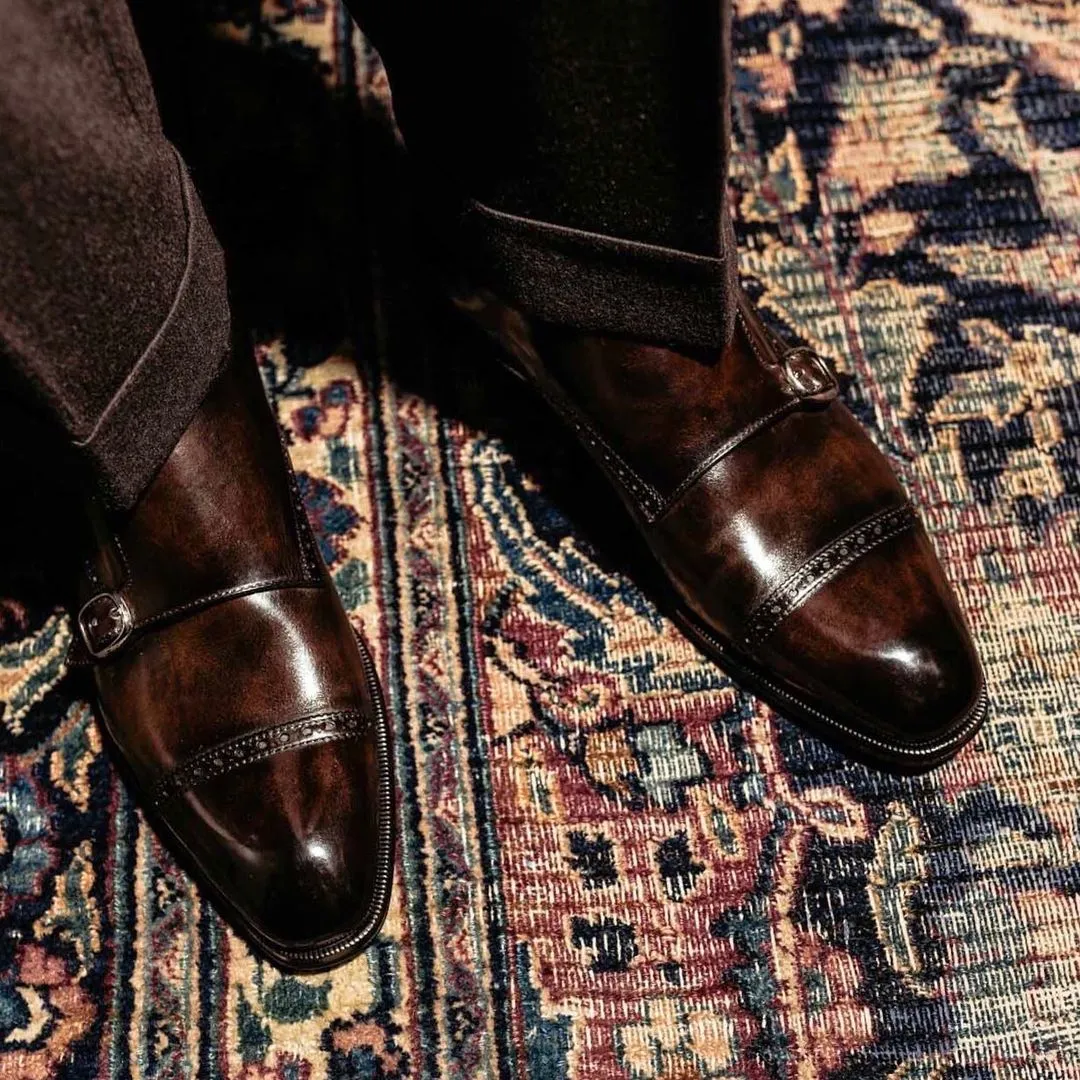 Brown Leather Pleven Brogue Toe Cap Double Monk Straps