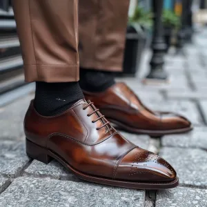 Brown Leather Pointed Toe Cap Lace Up Brogue Oxford Derby - Summer 2024 Collection