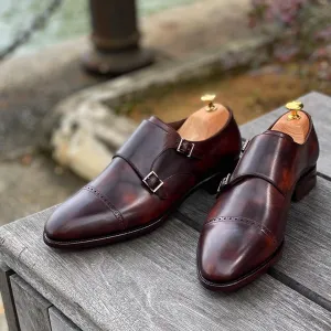 Brown Patina Leather Renalda Brogue Toe Cap Double Monk Straps - AW24c, ,