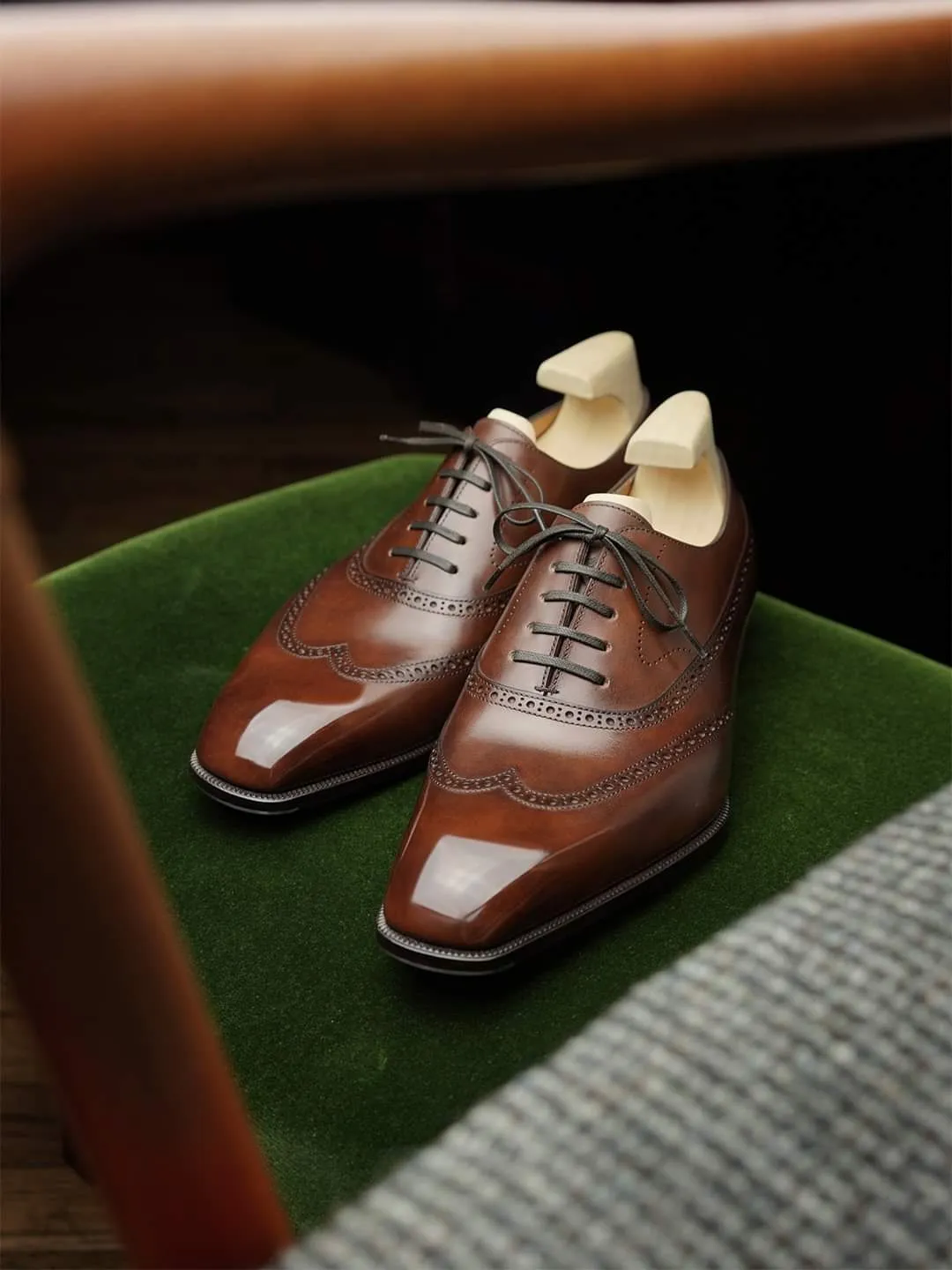 Dark Tan Leather Cedria Brogue Wingtip Oxfords - Formal Shoes