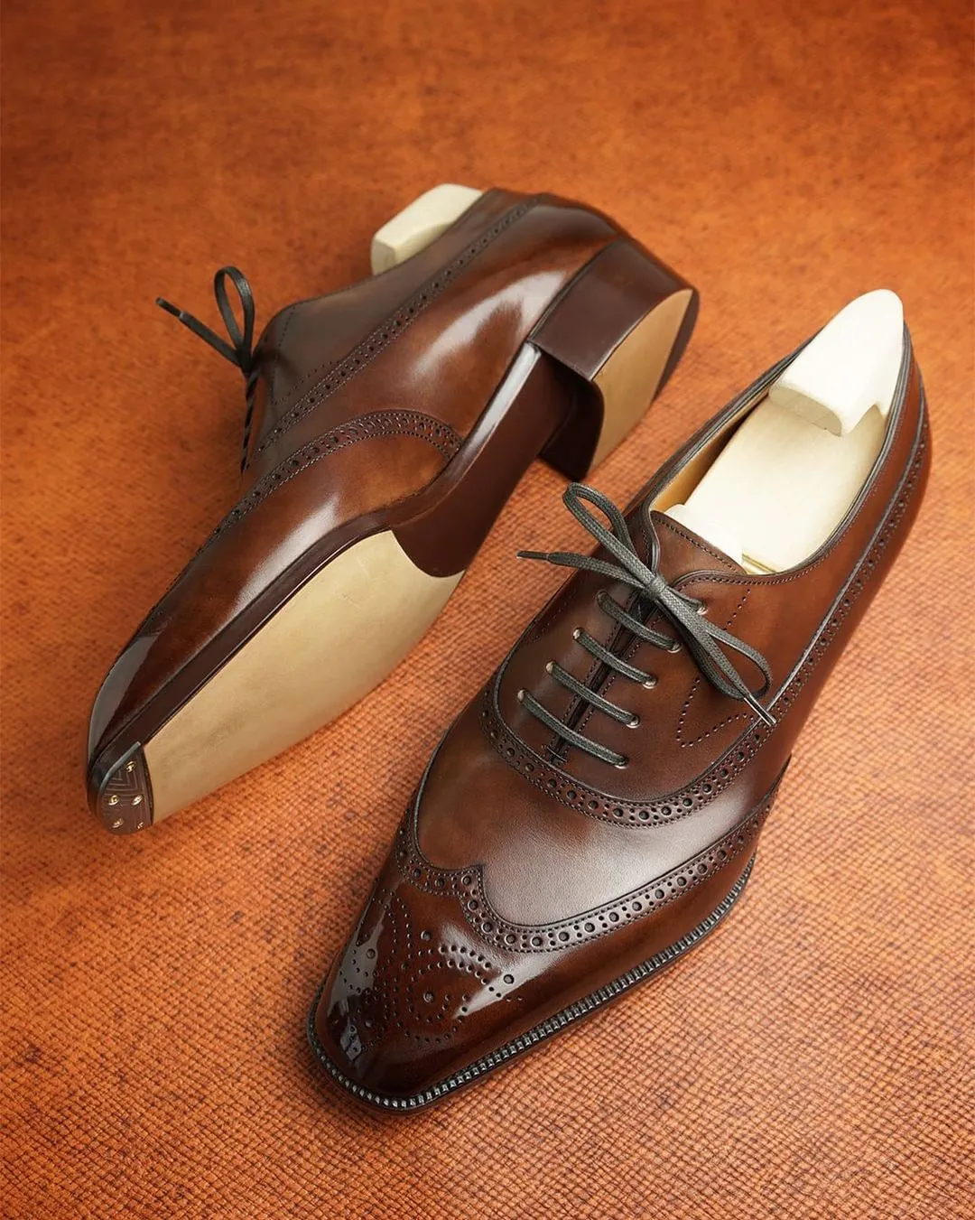 Dark Tan Leather Cedria Brogue Wingtip Oxfords - Formal Shoes