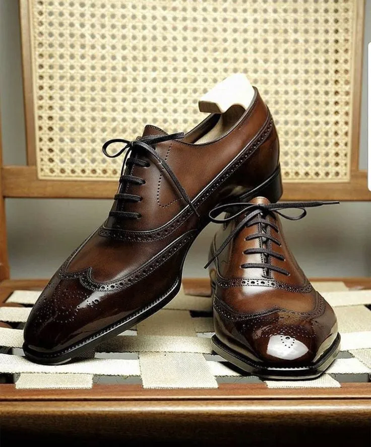 Dark Tan Leather Cedria Brogue Wingtip Oxfords - Formal Shoes