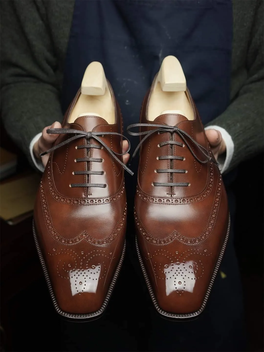 Dark Tan Leather Cedria Brogue Wingtip Oxfords - Formal Shoes