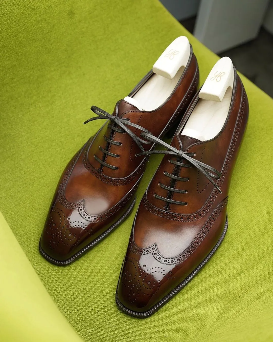 Dark Tan Leather Cedria Brogue Wingtip Oxfords - Formal Shoes