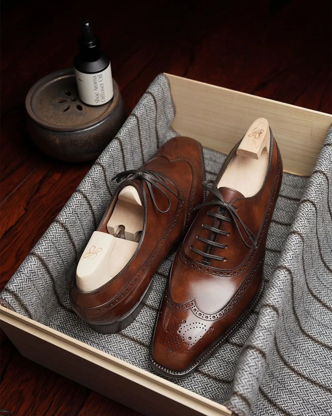 Dark Tan Leather Cedria Brogue Wingtip Oxfords - Formal Shoes