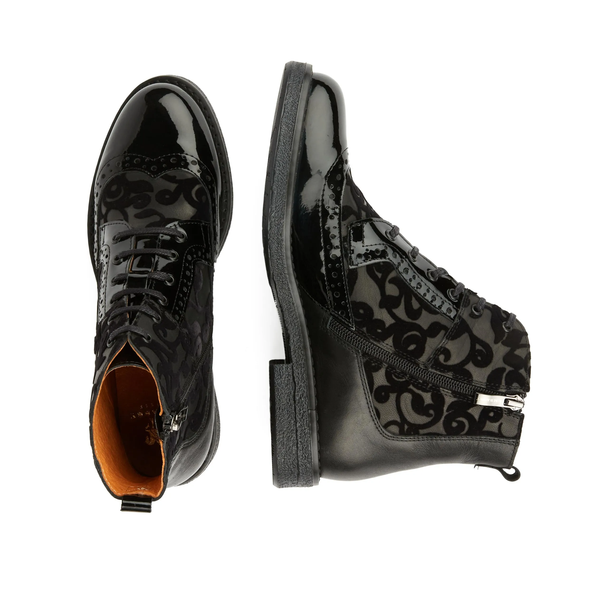Hatter - Black Floral - Women's zip up and lace up ankle boot with brogue styling
