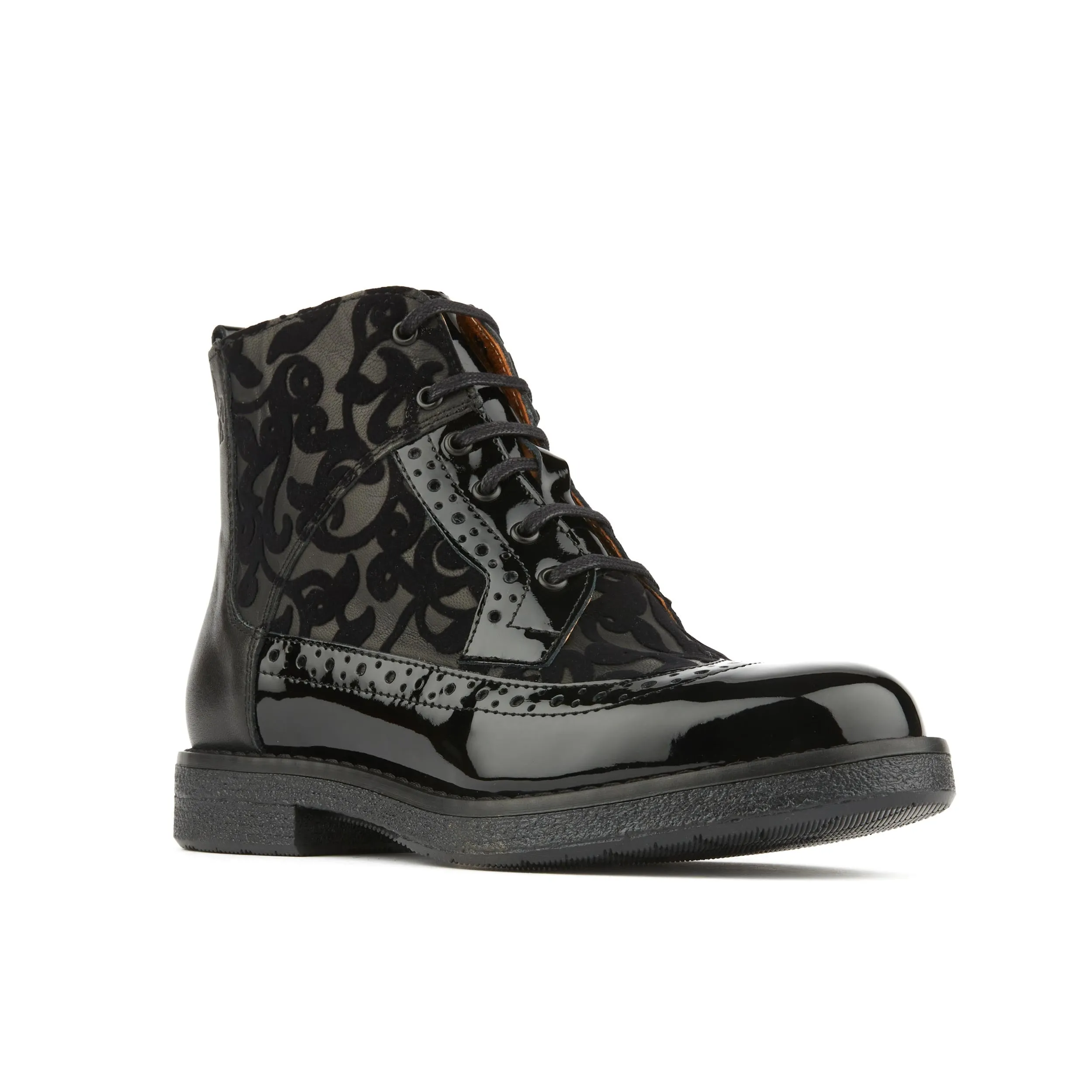 Hatter - Black Floral - Women's zip up and lace up ankle boot with brogue styling