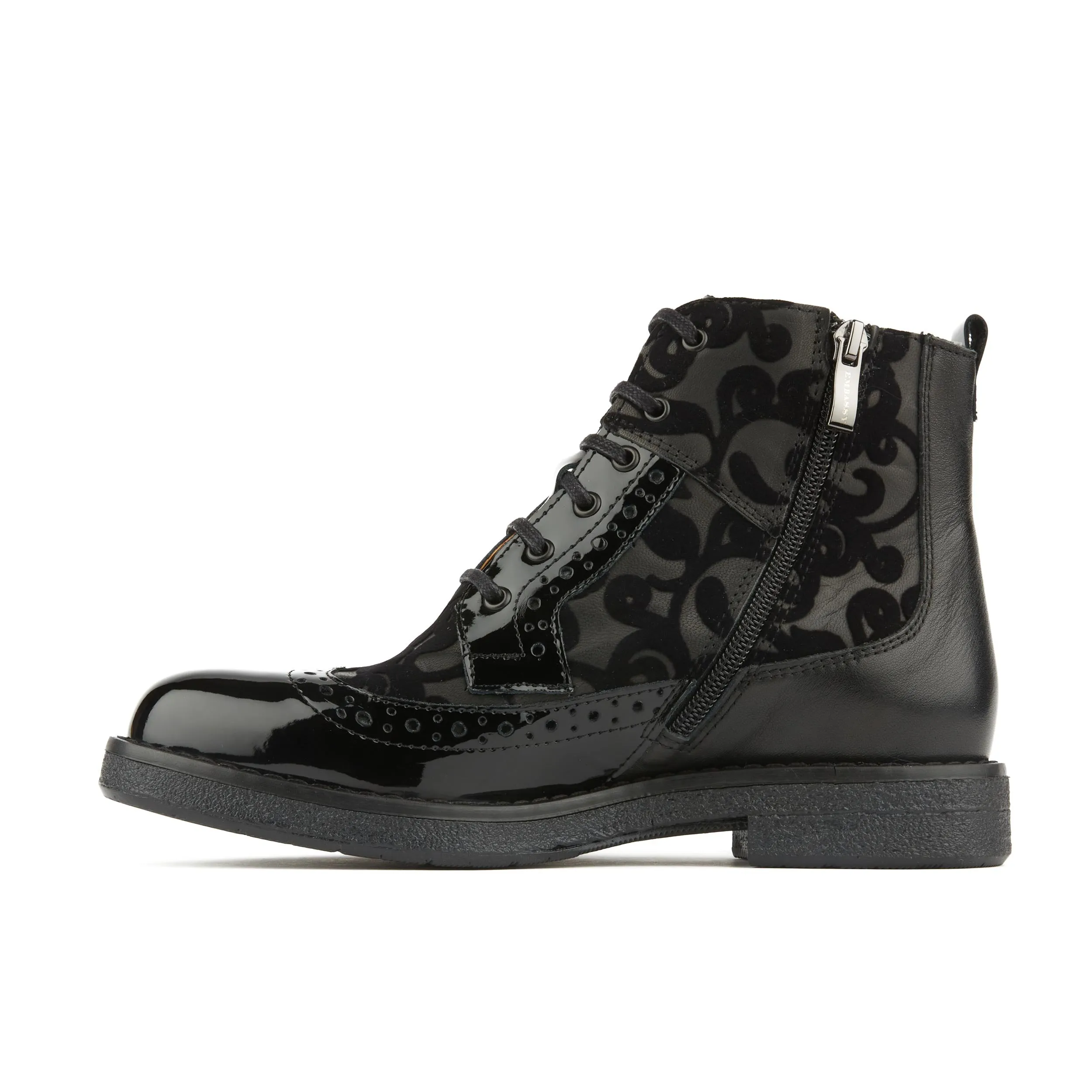 Hatter - Black Floral - Women's zip up and lace up ankle boot with brogue styling