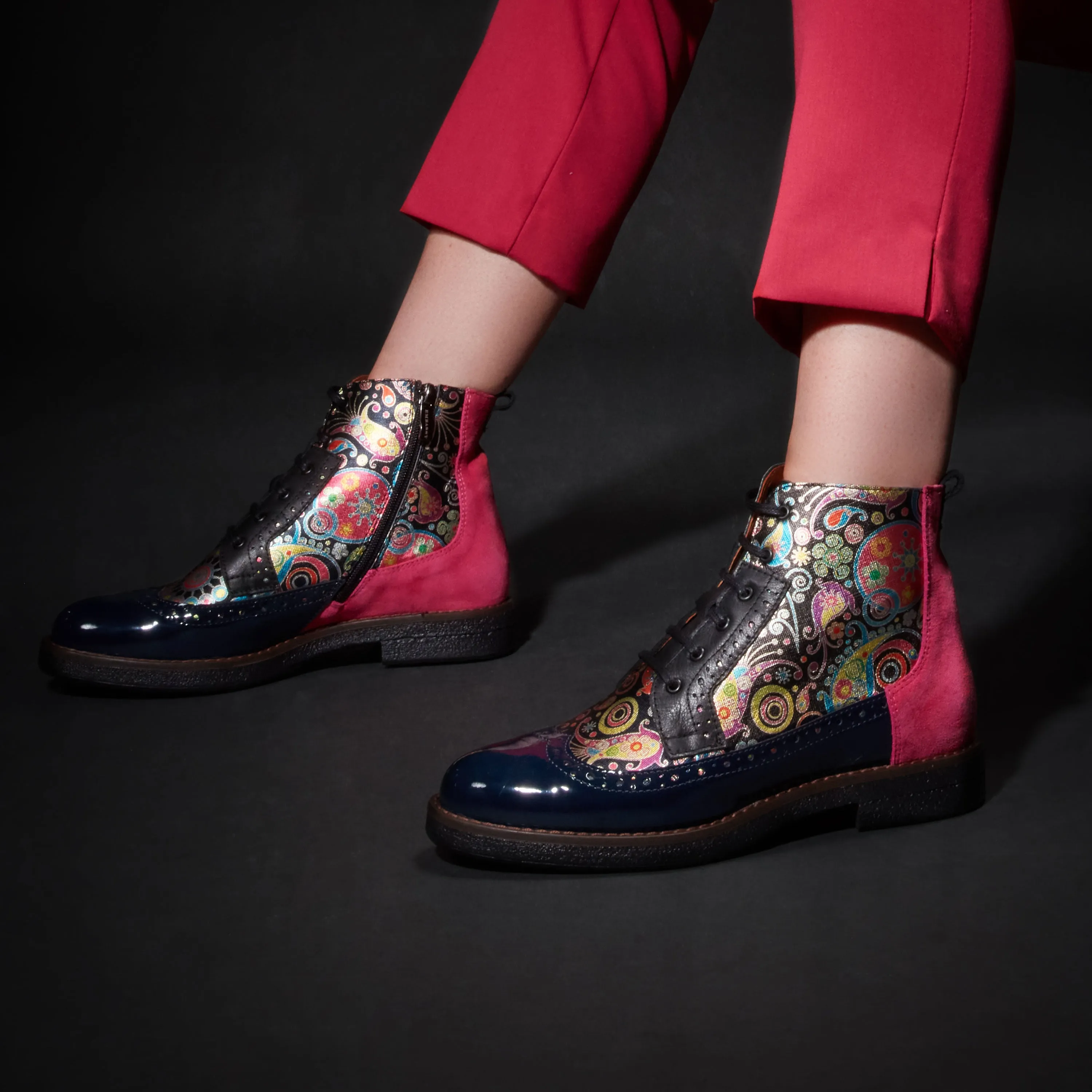 Hatter - Navy Pink - Women's higher ankle leather boot with brogue styling