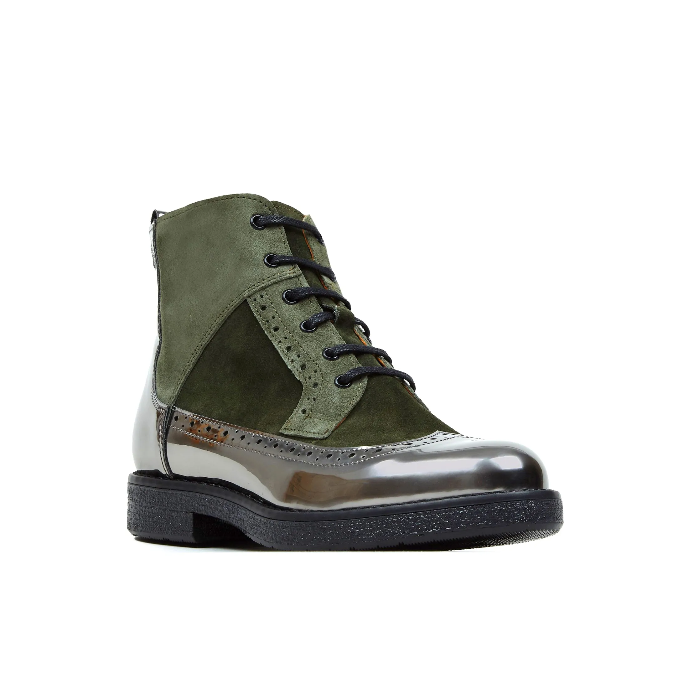 Hatter - Olive Chrome - Women's zip up and lace up ankle boot with brogue styling