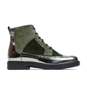 Hatter - Olive Chrome - Women's zip up and lace up ankle boot with brogue styling