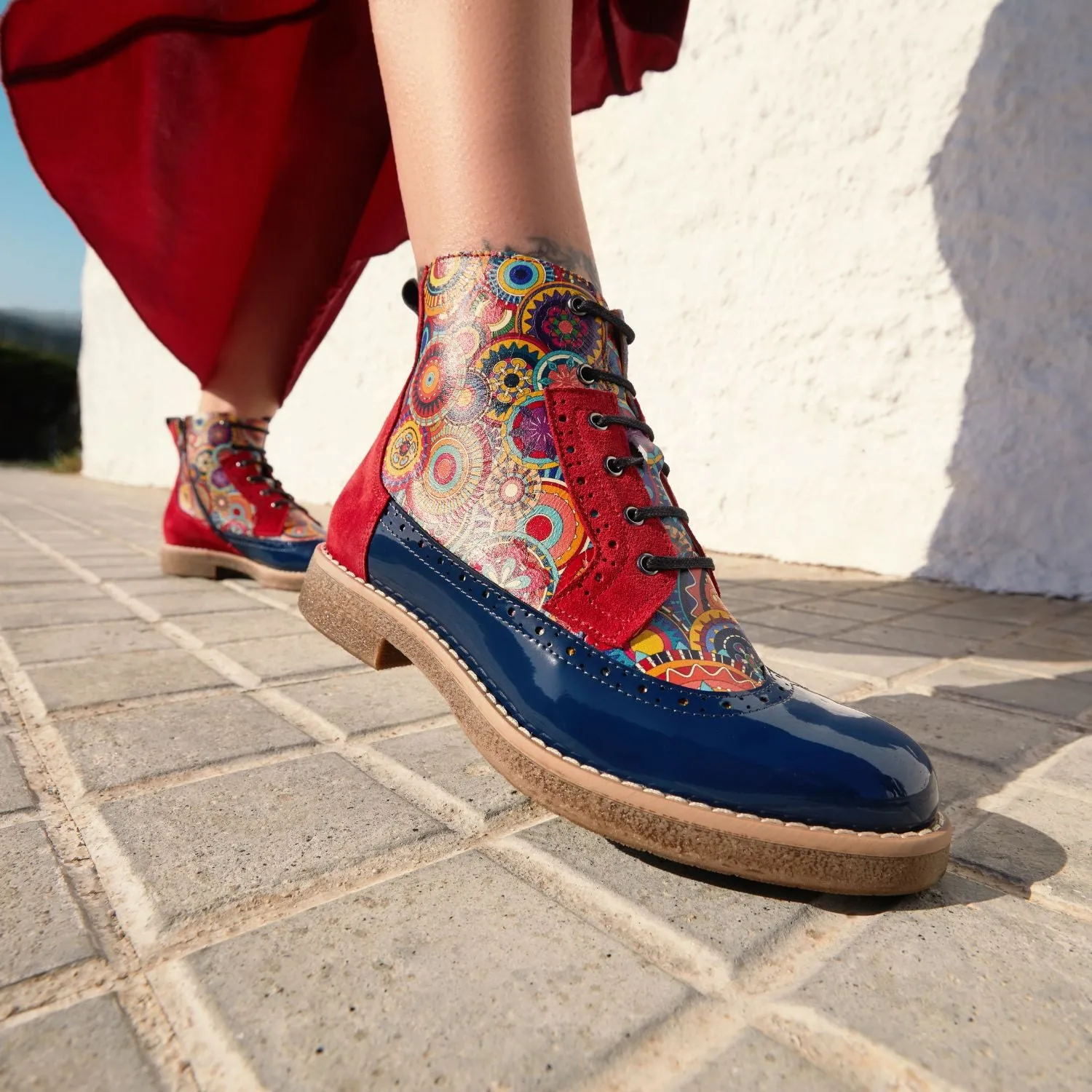 Hatter - Red Navy - Women's leather ankle boot with laces and zip