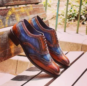 Height Increasing Tan and Navy Blue Leather Bulle Brogue Wingtip Oxfords - Formal Shoes