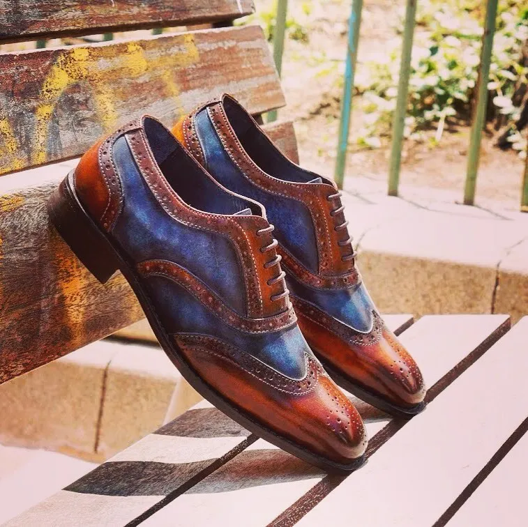 Height Increasing Tan and Navy Blue Leather Bulle Brogue Wingtip Oxfords - Formal Shoes