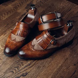 Height Increasing Tan Leather Baden Brogue Single Monk Straps