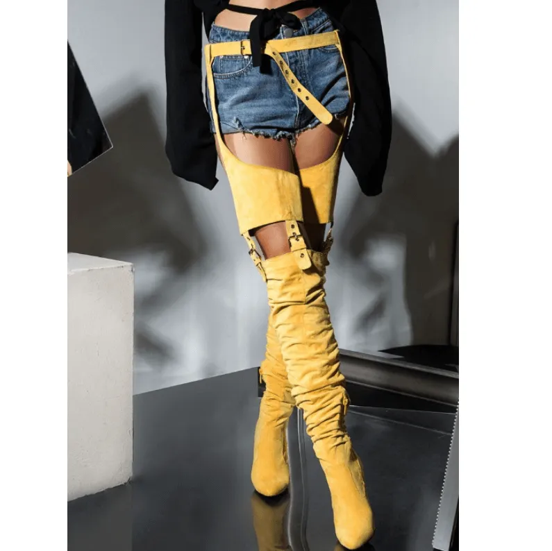 High Heel Buckle Patchwork Thigh High Club Boots