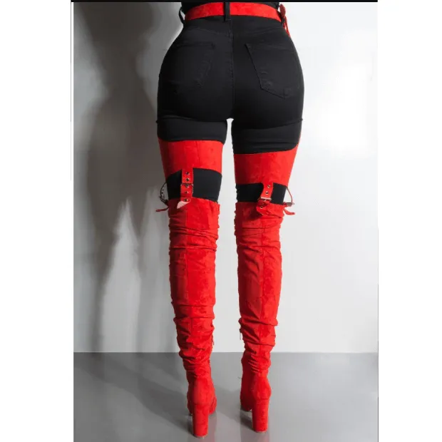 High Heel Buckle Patchwork Thigh High Club Boots