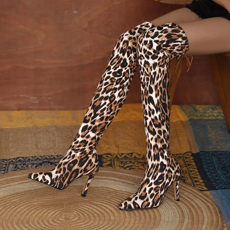 Leopard Print Stiletto Heel Pointed Over-The-Knee Boots（HPSD114）
