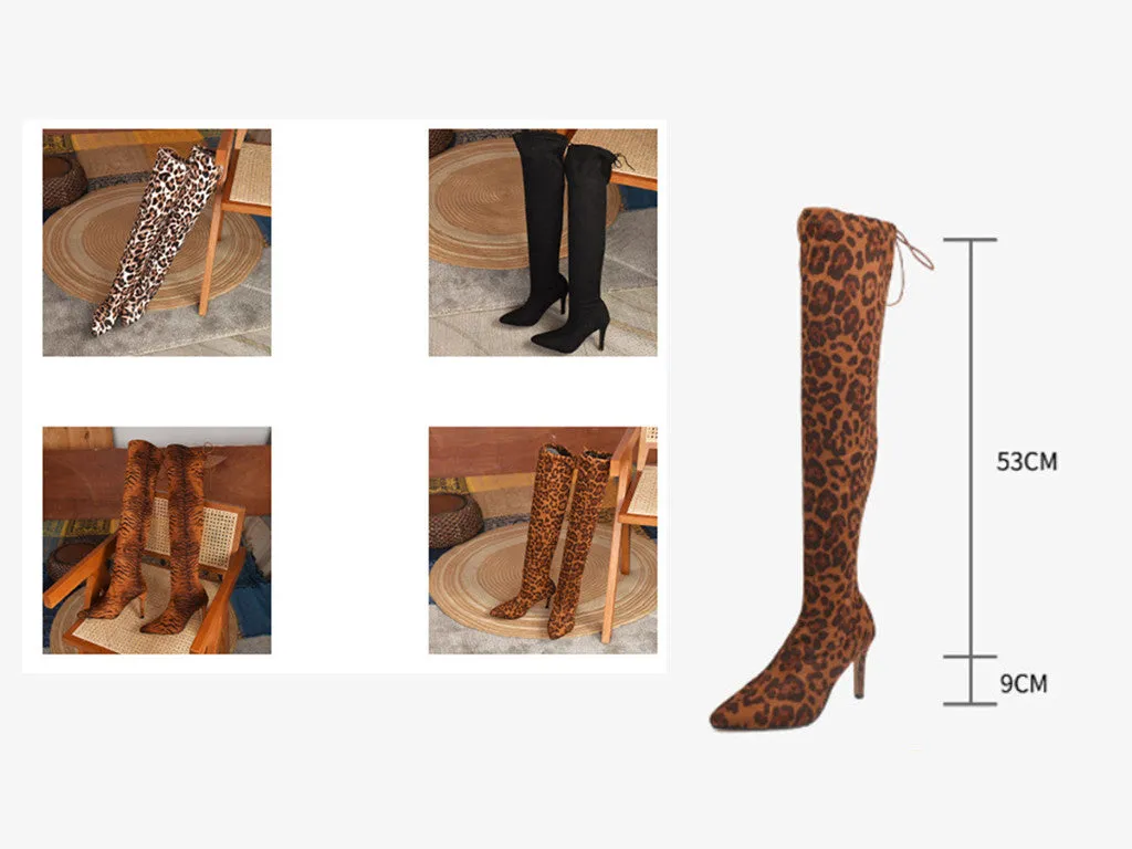 Leopard Print Stiletto Heel Pointed Over-The-Knee Boots（HPSD114）