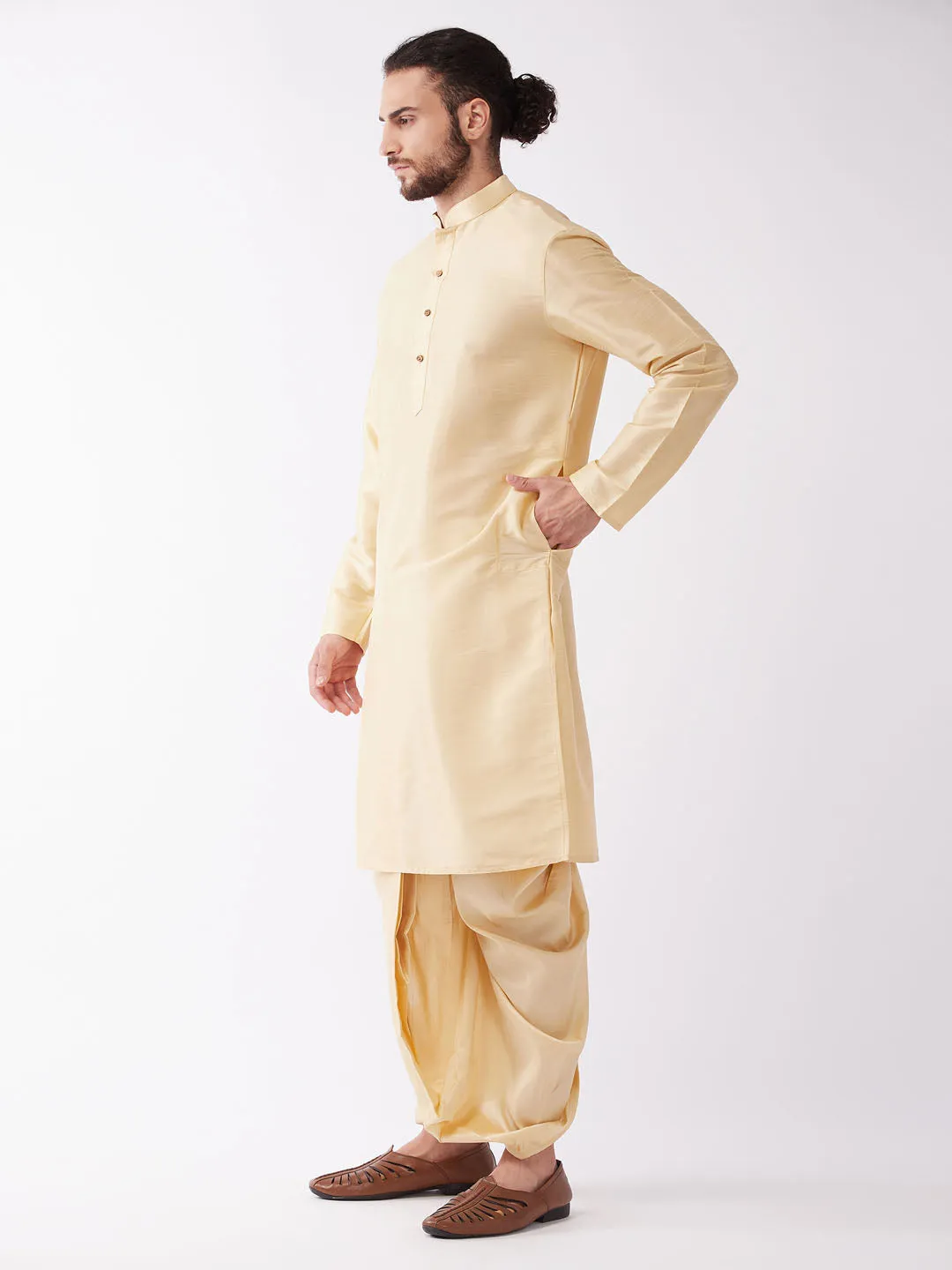 Men's Gold Silk Blend Kurta And Dhoti Set - Vastramay