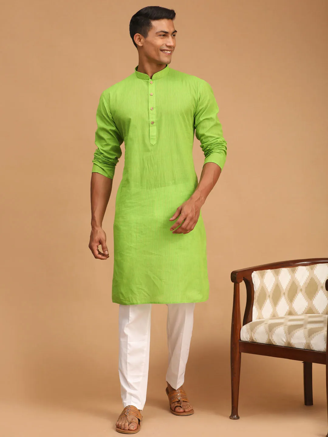 Men's Green Pure Cotton Kurta - Vastramay
