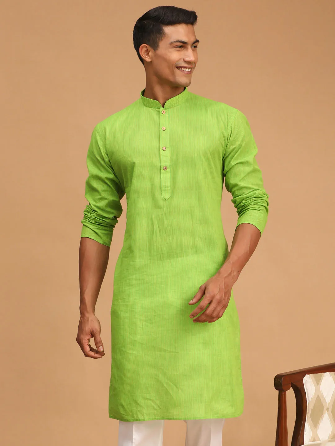 Men's Green Pure Cotton Kurta - Vastramay