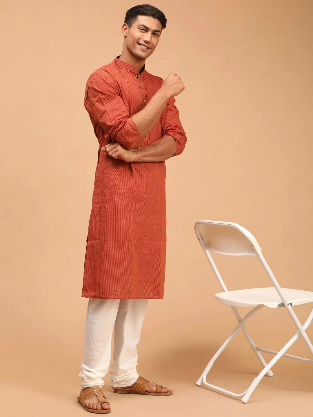 Men's Orange Pure Cotton Kurta Pyjama Set - Vastramay