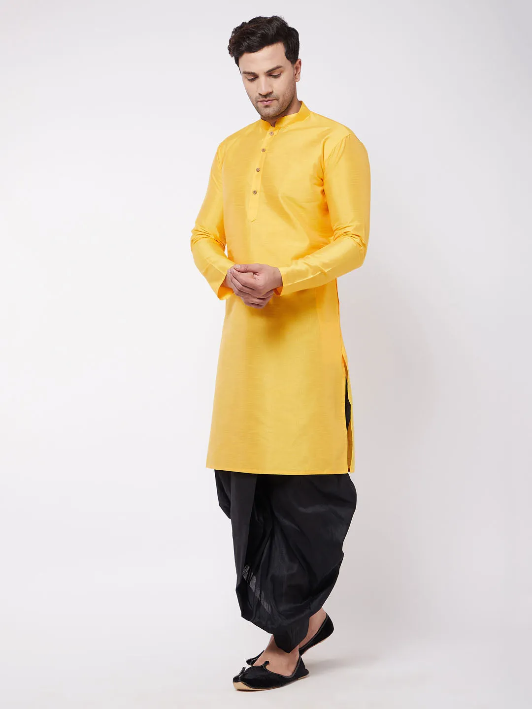 Men's Yellow Silk Blend Kurta And Dhoti Set - Vastramay