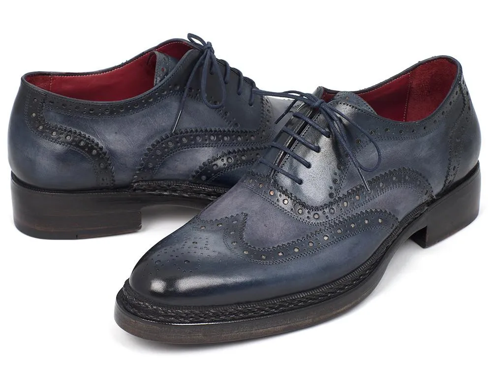 Paul Parkman Men's Triple Leather Sole Wingtip Brogues Blue Shoes (ID#027-TRP-BLU)