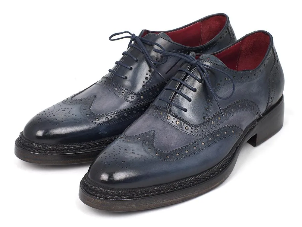 Paul Parkman Men's Triple Leather Sole Wingtip Brogues Blue Shoes (ID#027-TRP-BLU)