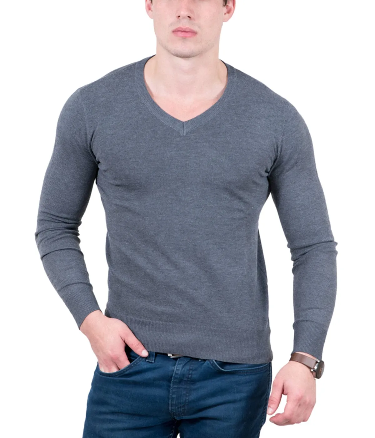 Real Cashmere Anthracite V-Neck Fine Cashmere Blend Mens Sweater