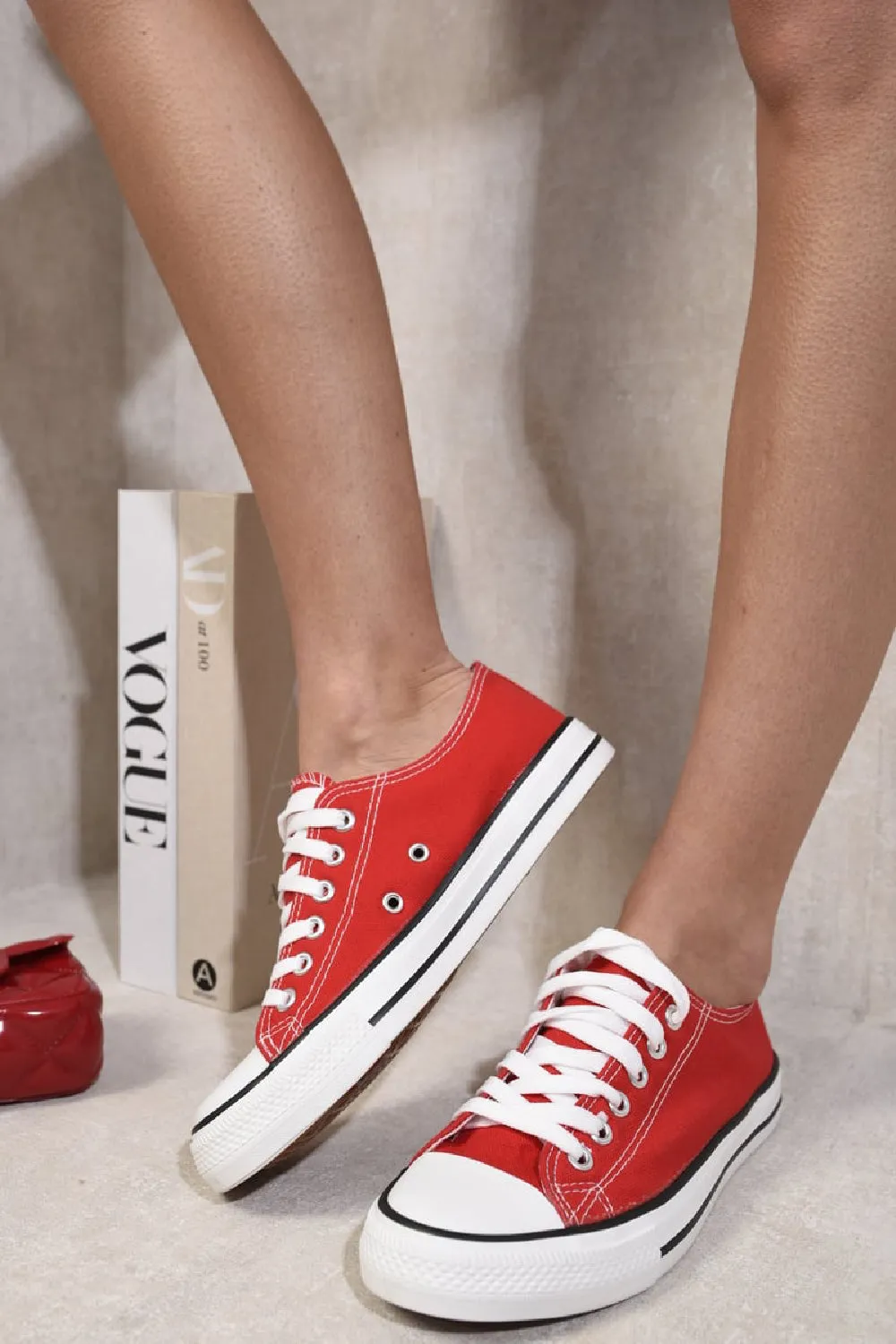 RED CANVAS LACE UP FLAT DESIGNER FASHION TRAINERS