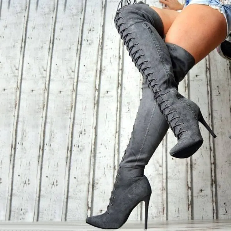 Scrub Point Toe High Heel Strap Over Knee Boots
