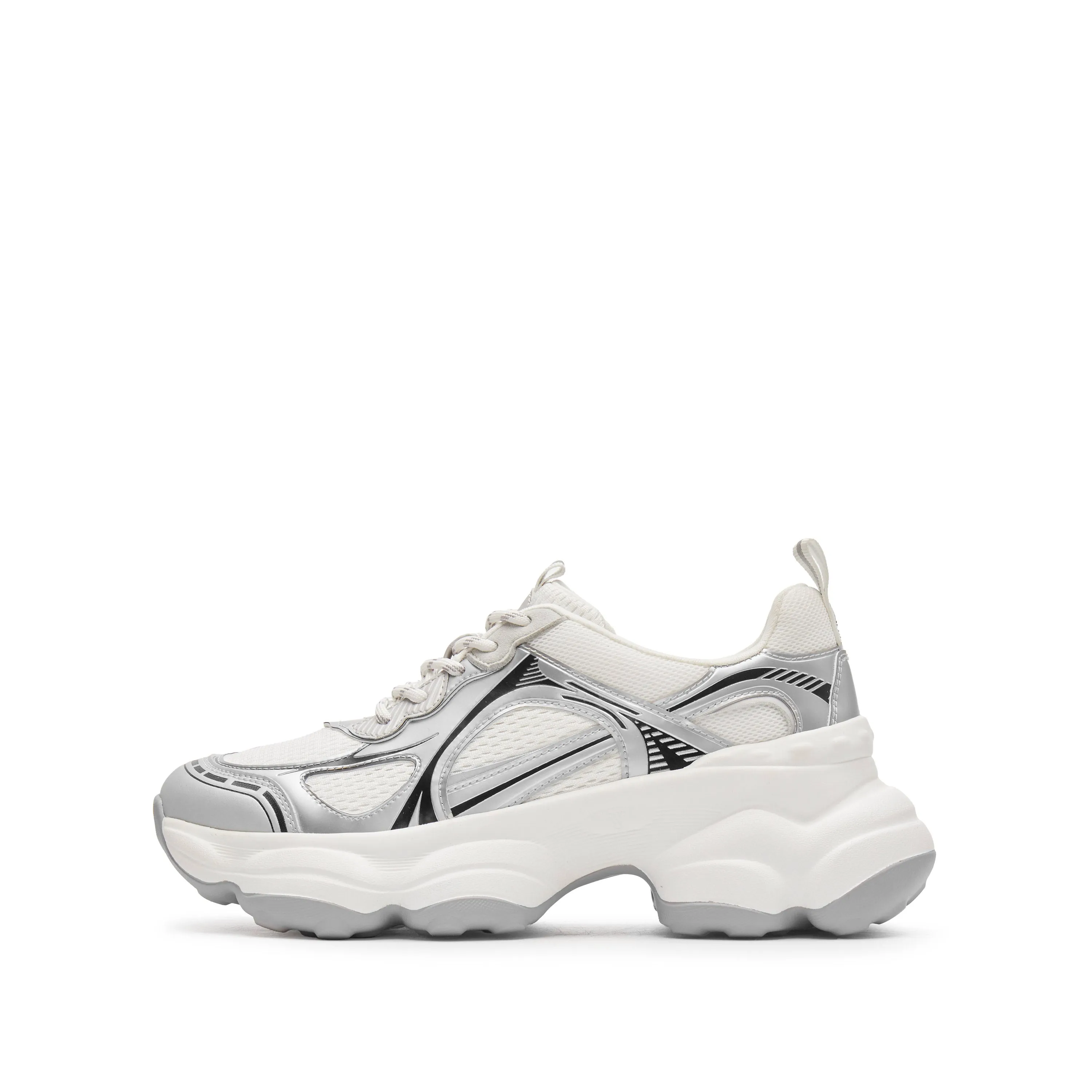 Silvery Black Meashed Lace Up Chunky Sneakers