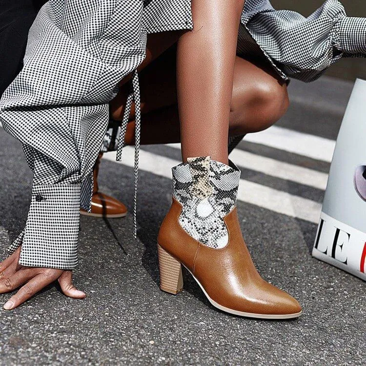 Snakeskin Leather Patchwork High Chunky Heel Calf Boots