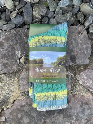 Soft Merino Wool Fair Isle Socks  | Grey Green Blue Yellow