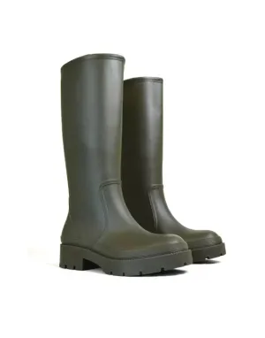 Sonny Flat Chunky Knee High Wellington Boots in Green